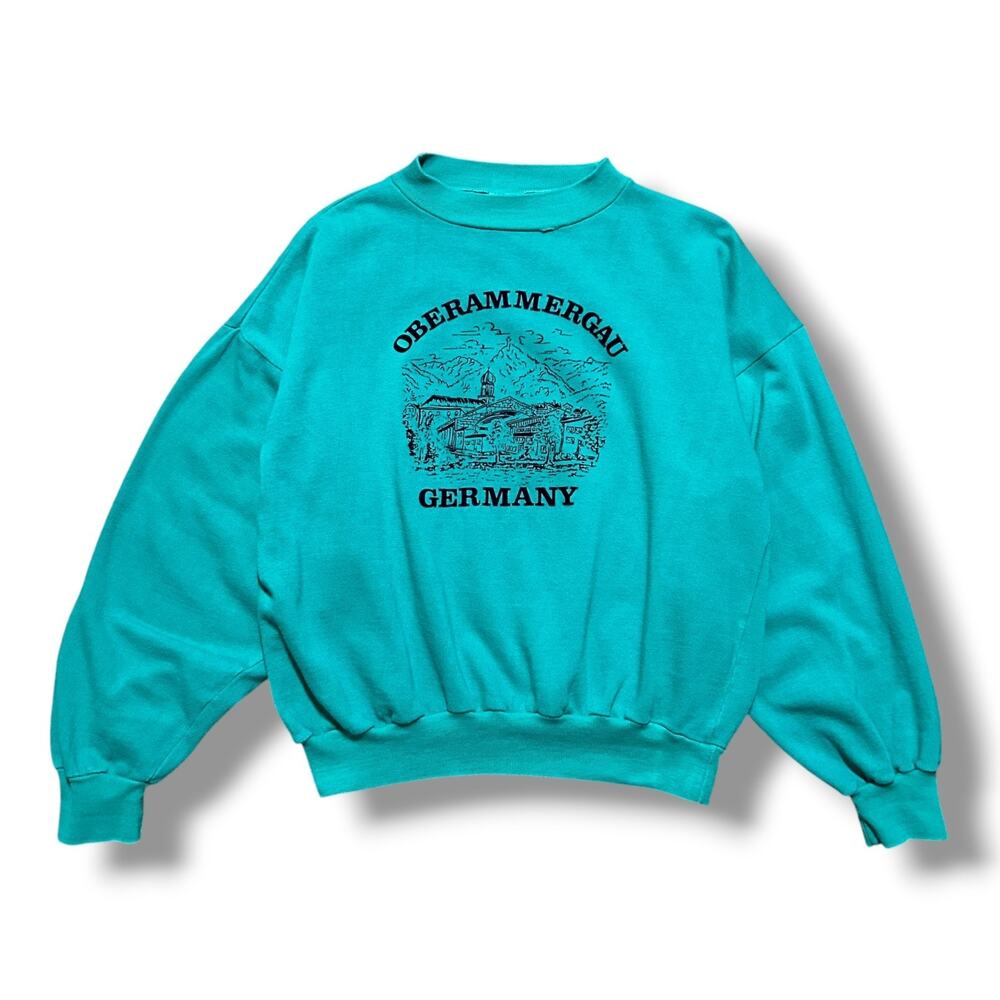 Vintage 80s Germany Sweatshirt Crewneck Pullover Oberammergau Green Cotton